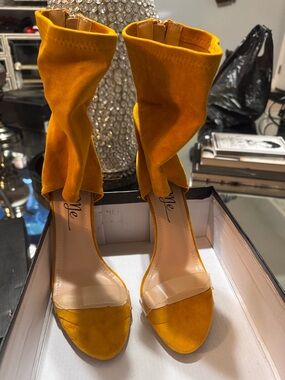 Yellow Suede Ankle-Wrap Heels with Clear Toe Strap